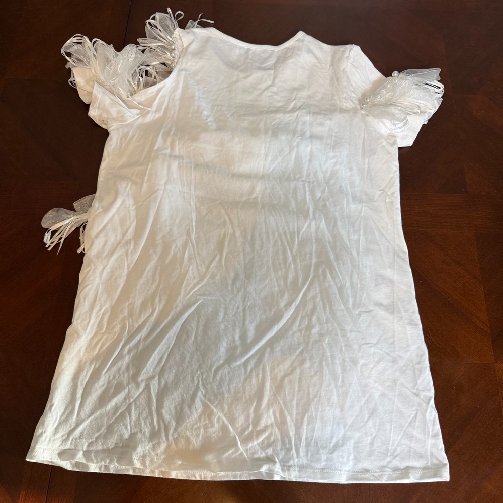 White‎ Ruffle Pearl Embellished Top Romantic Statement Elegant Feminine Blouse M - Picture 9 of 9
